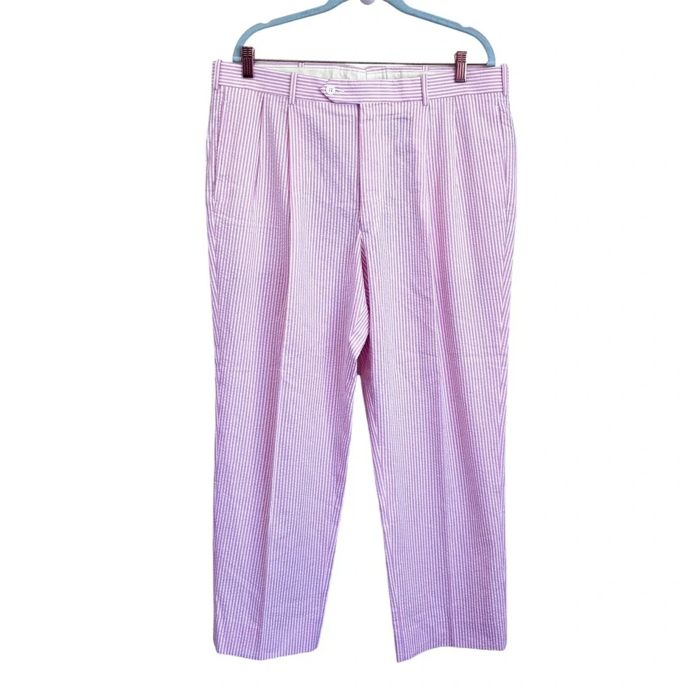 Corbin Mens Vintage Seersucker Pleated Pants Size 36 (38X29) Pink White Preppy